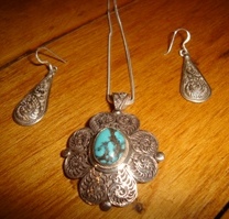 silver, and turquoise filigree necklace w. earrings - $45